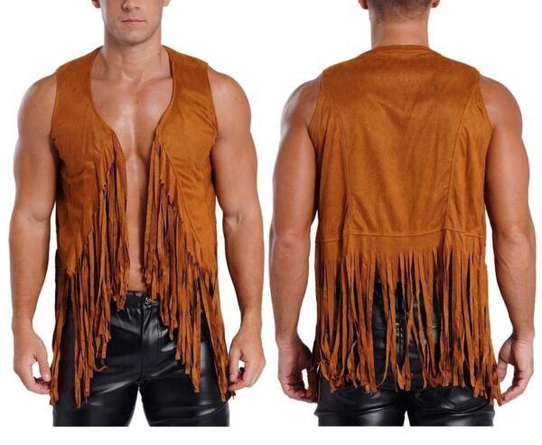 Men Vintage Fringe Vest Cardigan Open Front Waistcoat Faux Suede Rivets Sleeveless Tassel Jacket Fashionable Causal Vest Coat