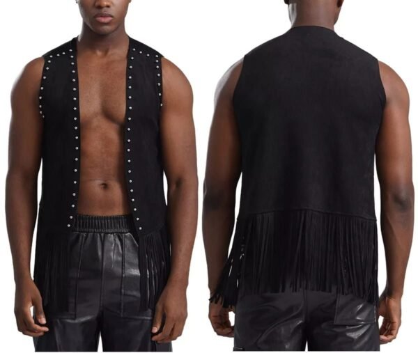 Men Vintage Fringe Vest Cardigan Open Front Waistcoat Faux Suede Rivets Sleeveless Tassel Jacket Fashionable Causal Vest Coat