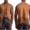Men Vintage Fringe Vest Cardigan Open Front Waistcoat Faux Suede Rivets Sleeveless Tassel Jacket Fashionable Causal Vest Coat