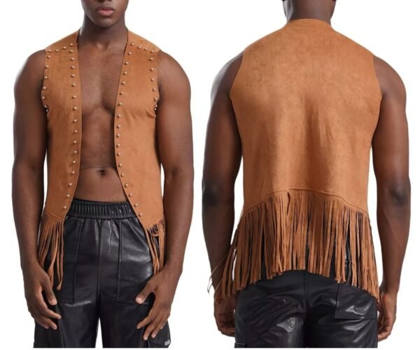 Men Vintage Fringe Vest Cardigan Open Front Waistcoat Faux Suede Rivets Sleeveless Tassel Jacket Fashionable Causal Vest Coat