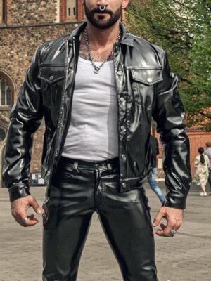 A sexy man with leather jacket and black glasses, wearing jeans pant