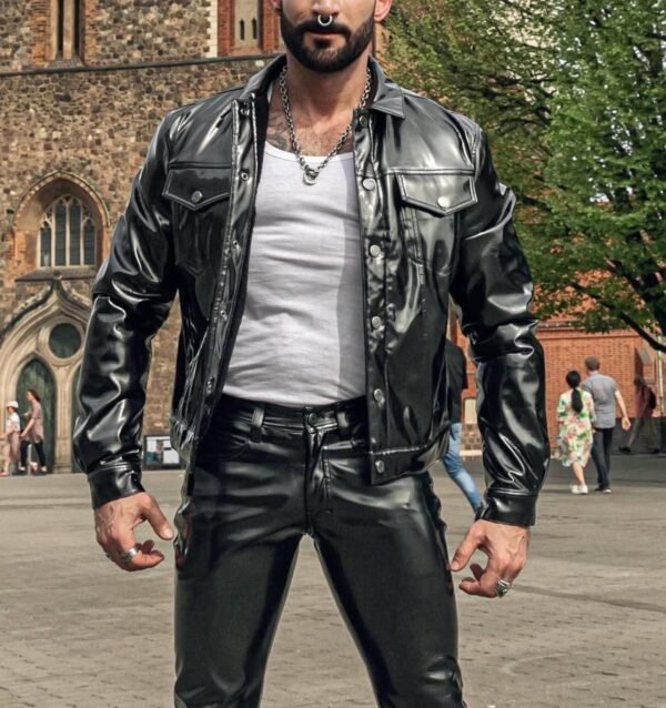 A sexy man with leather jacket and black glasses, wearing jeans pant