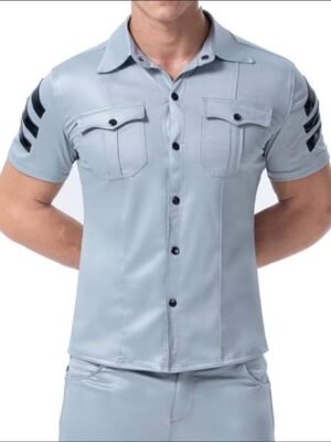 Men’s Light Blue Faux Leather Moto Shirt