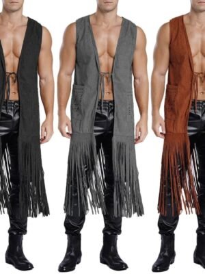 Men Vintage Fringe Vest Cardigan Open Front Waistcoat Faux Suede Rivets Sleeveless Tassel Jacket Fashionable Causal Vest Coat