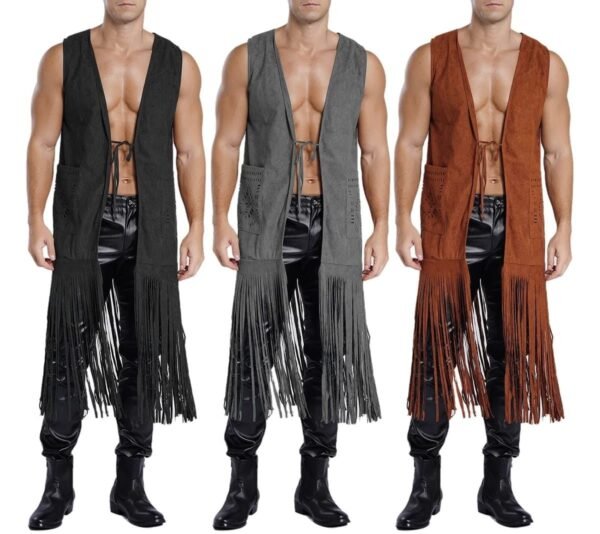 Men Vintage Fringe Vest Cardigan Open Front Waistcoat Faux Suede Rivets Sleeveless Tassel Jacket Fashionable Causal Vest Coat